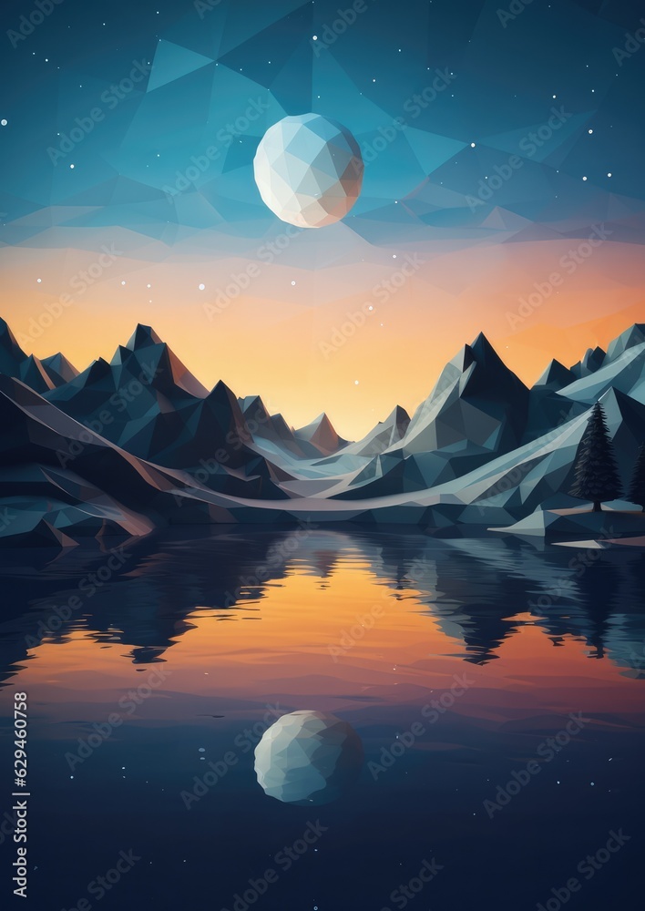 Night landscape with big mountains and blue large clean lake, colorful wallpaper.
