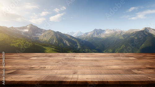 Wooden table for product display with mountains background. Generative AI