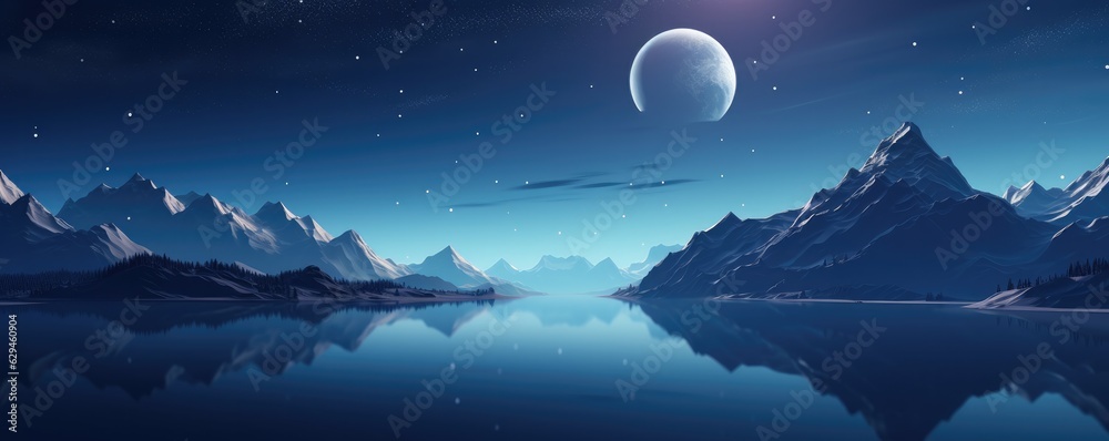 Night landscape with big mountains and blue large clean lake, colorful panorama wallpaper.