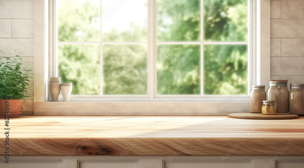 Selective focus.Wood desk counter bar in cozy kitchen with window green garden view.food and drink background.ai generated images Selective focus.Wood desk counter bar in cozy kitchen with window green garden view.food and drink background.ai generated images