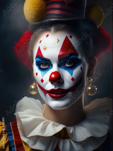 Photography of an ultra realistic Evil woman clown in dramatic ight fog