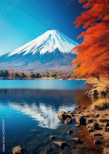 Vulcano mountain with a colorful tree in the foreground and beautiful clear mountain lake  Japan nature.