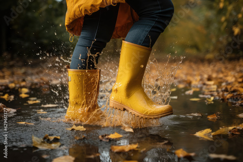 Young girl wearing rain yellow boots, jumping and splashing in puddles as rain falls around them. The shot convey a strong autumn vibe, generative AI