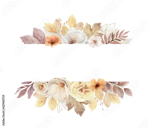 Watercolor vector banner with soft light blush roses and leaves.