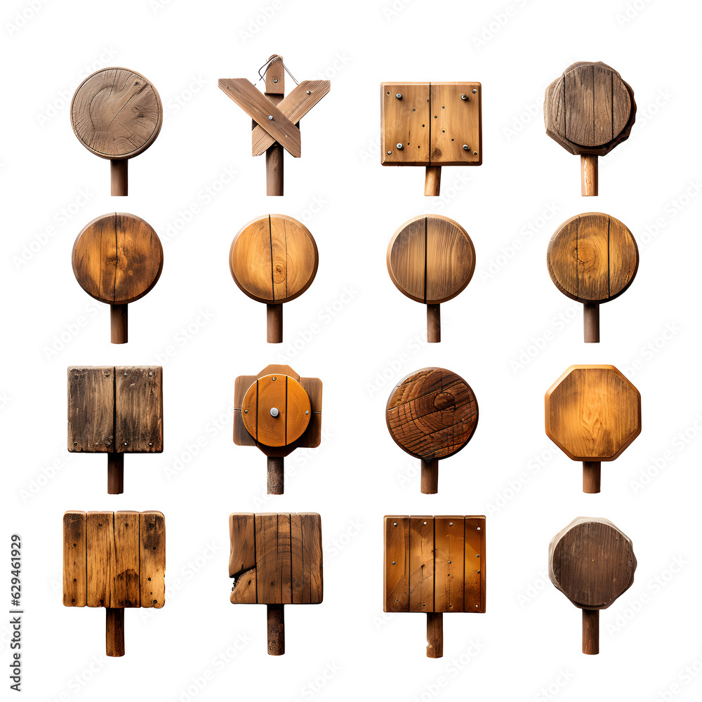 Naklejka premium set Wooden sign with old texture 3d board wood realistic on transparent background cutout, PNG file. Vintage Style