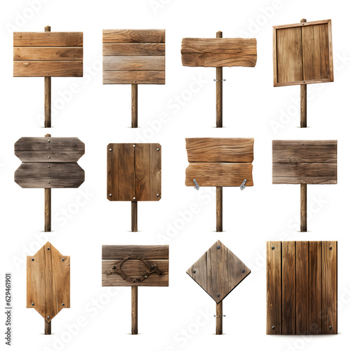 Fototapeta Naklejka Na Ścianę i Meble -  set Wooden sign with old texture 3d board wood realistic on transparent background cutout, PNG file. Vintage Style
