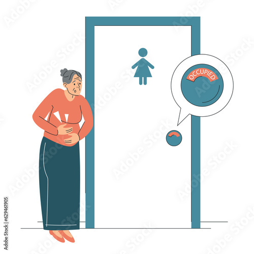 Senior woman with diarrhea standing at closed toilet door vector isolated. Pain in belly, stomachache. Occupied public restroom. Old woman suffer from pain in belly.