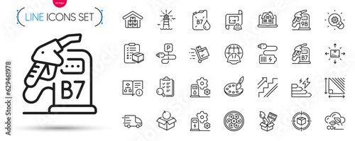Pack of Charging station, Inspect and Diesel canister line icons. Include Parcel checklist, Innovation, Truck delivery pictogram icons. Co2 gas, Triangle area, Battery signs. Vector