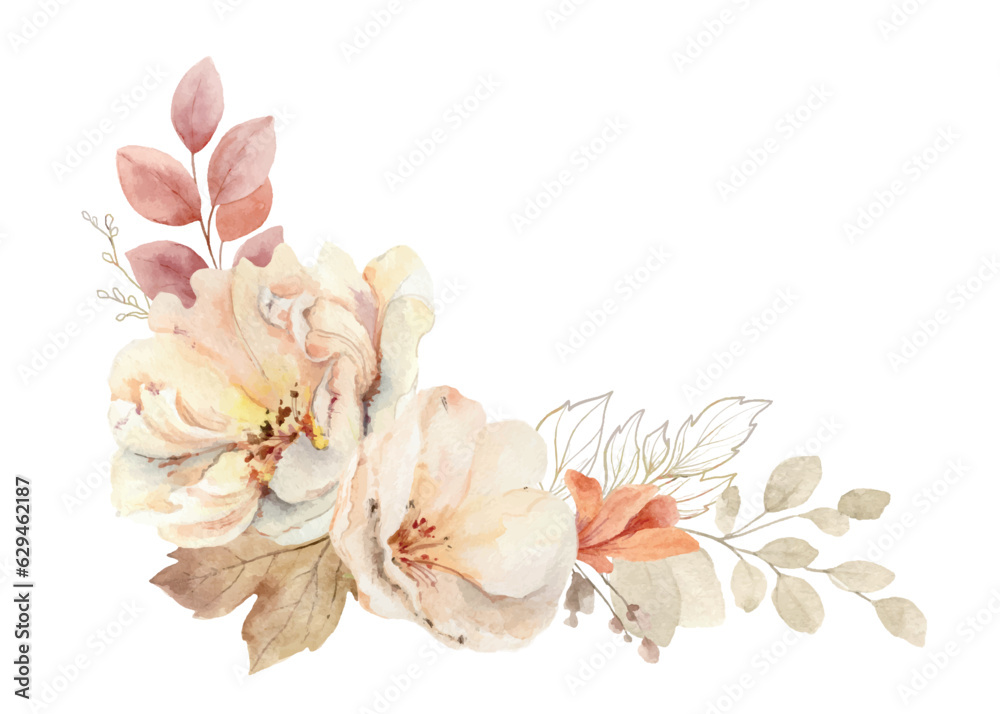 Watercolor vector wreath with flowers and leaves isolated on a white ...