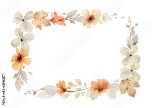 Watercolor vector autumn frame with soft light blush flowers and leaves.