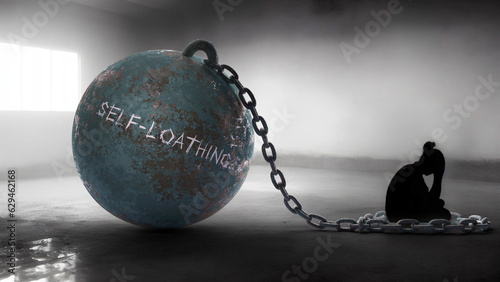 Self loathing - a metaphorical view of a woman struggle with self loathing. Trapped alone and chained to a burden of Self loathing. Constant and strenuous fight.,3d illustration photo