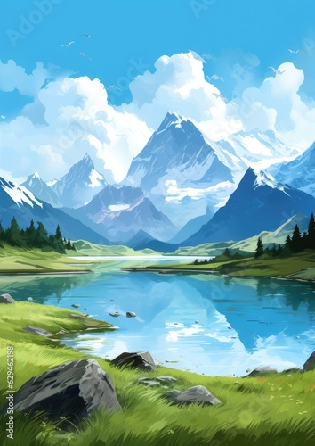Landscape with big shaped mountains and blue large clean lake, colorful wallpaper. © annamaria