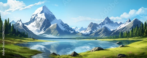 Landscape with big shaped mountains and blue large clean lake, colorful panorama. © annamaria