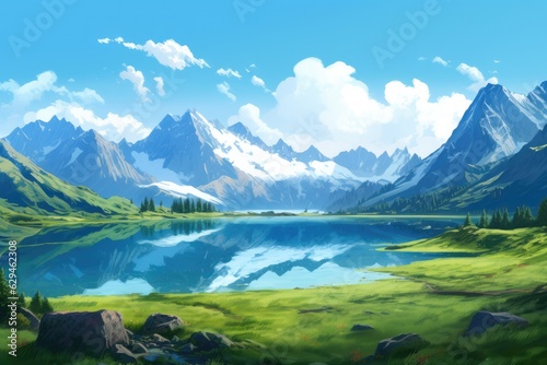 Landscape with big shaped mountains and blue large clean lake, colorful wallpaper.