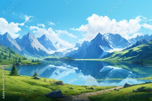 Landscape with big shaped mountains and blue large clean lake, colorful wallpaper. © annamaria