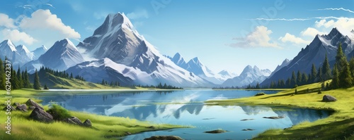 Landscape with big shaped mountains and blue large clean lake, colorful panorama. © annamaria