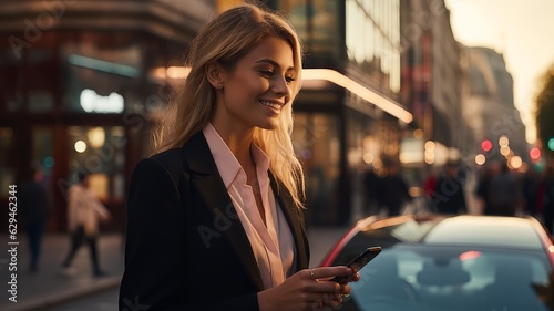 woman with phone in autumn city