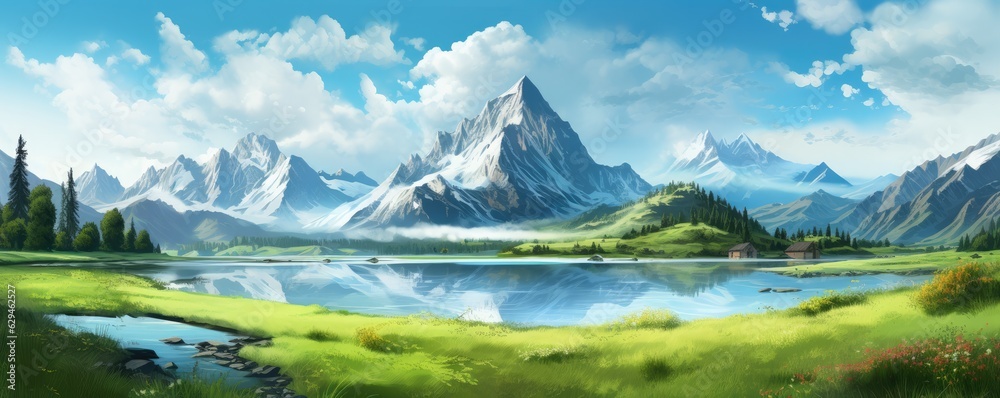 Fototapeta premium Landscape with big shaped mountains and blue large clean lake, colorful panorama.
