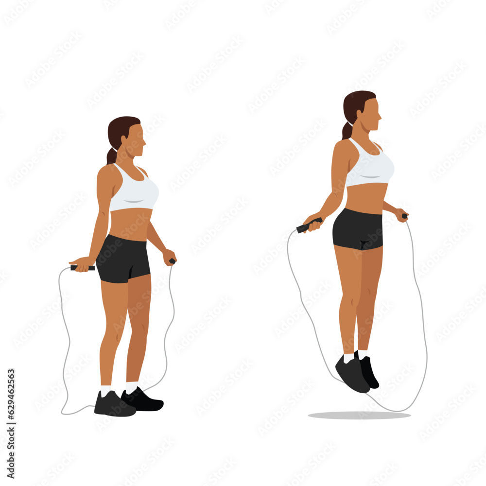Woman doing Jump rope.Skipping cardio exercise. Flat vector illustration isolated on white background - obrazy, fototapety, plakaty 