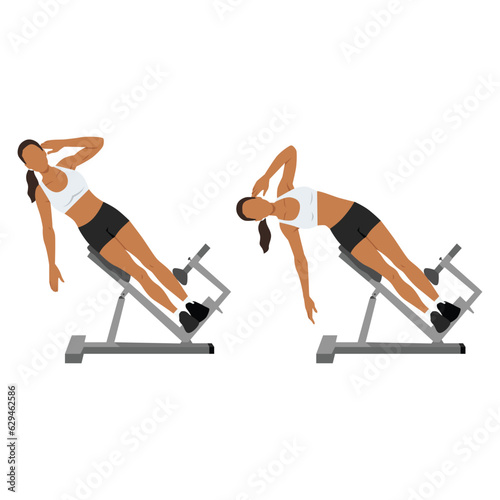 Woman doing roman chair side bend or hyperextension bench side bends exercise. Flat vector illustration isolated on white background