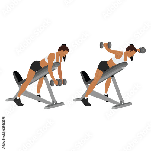 Woman doing Dumbbell bent over chest supported reverse flyes. Flat vector illustration isolated on white background