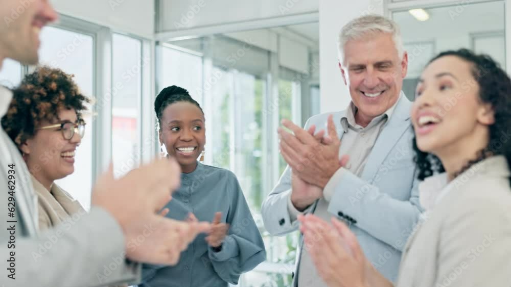 Business people, applause and meeting in celebration for teamwork achievement, goal or mission at office. Group of employees clapping in thank you for team building, winning or promotion at workplace Business people, applause and meeting in celebration for teamwork achievement, goal or mission at office. Group of employees clapping in thank you for team building, winning or promotion at workplace