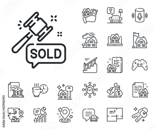 Bid offer sign. Floor plan, stairs and lounge room outline icons. Auction hammer line icon. Lot was sold symbol. Auction hammer line sign. House mortgage, sell building icon. Real estate. Vector