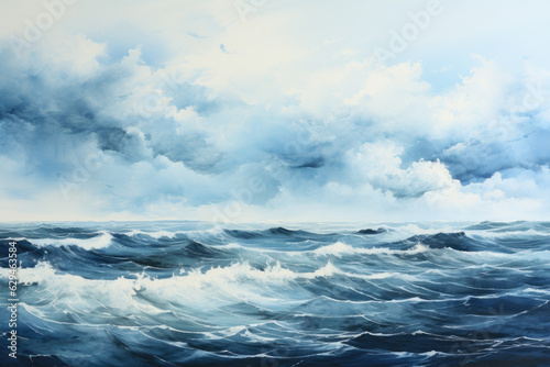 Blue Watercolor Seascape Texture. Ocean Waves Painting, Artistic Marine Background, Sky, Clouds, Tranquil Nature, Horizon. Generative AI © overlays-textures