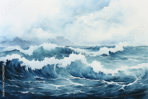 Blue Watercolor Seascape Texture. Ocean Waves Painting, Artistic Marine Background, Sky, Clouds, Tranquil Nature, Horizon. Generative AI