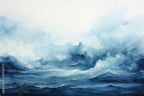 Blue Watercolor Seascape Texture. Ocean Waves Painting, Artistic Marine Background, Sky, Clouds, Tranquil Nature, Horizon. Generative AI © overlays-textures