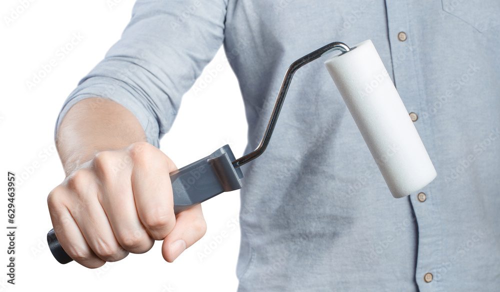 Fototapeta premium Hand holding a thick roller brush, cut out