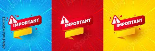 Important paper banner. Sunburst offer banner, flyer or poster. Attention message tag. Warning exclamation mark icon. Important banner promo event banner. Starburst pop art coupon. Vector