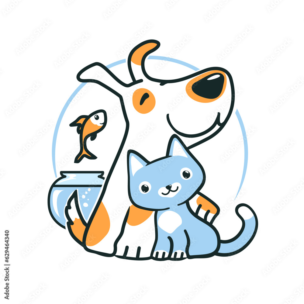 Cartoon dog and cat, fish jumping out of aquarium, little pets hugging, vet or pet shop logo design, vector illustration