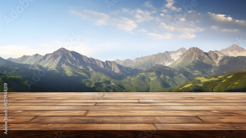 Wooden table for product display with mountains background. Generative AI