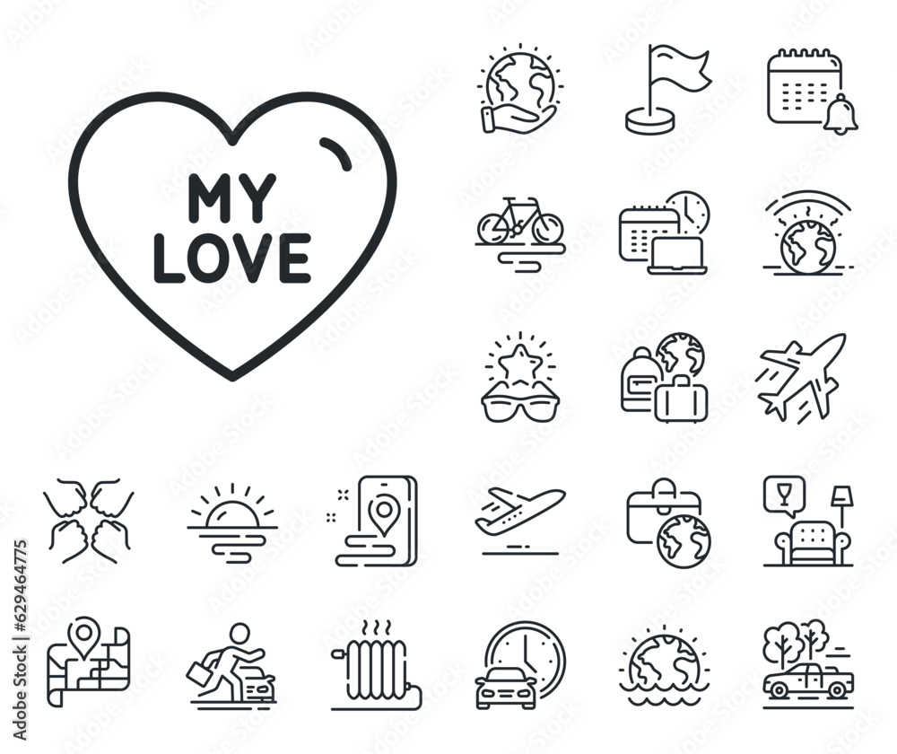 Sweet heart sign. Plane jet, travel map and baggage claim outline icons. My love line icon. Valentine day symbol. My love line sign. Car rental, taxi transport icon. Place location. Vector