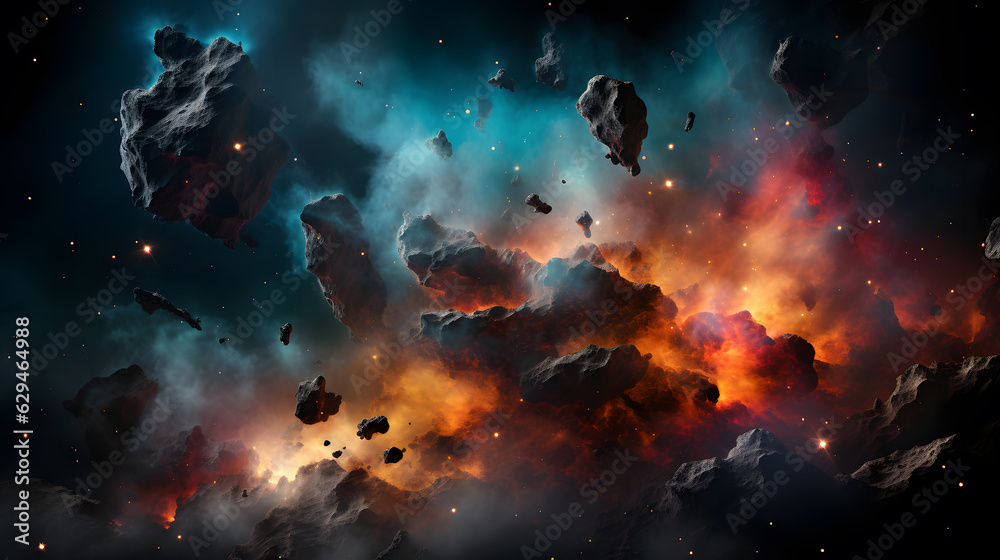 Starry Sky Nebulae with Colorful Turbulence in Dark Gray and Aquamarine, Surreal 3D Landscape
