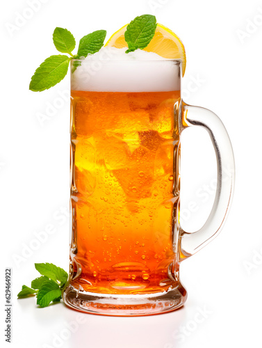 Filled beer glasses decorated with decorations isolated on white background