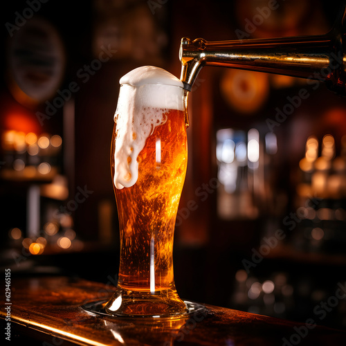 Foamy fresh draught golden beer fills a glass in a classic pub interior, bar counter, dark background