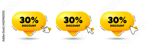 30 percent discount tag. Click here buttons. Sale offer price sign. Special offer symbol. Discount speech bubble chat message. Talk box infographics. Vector