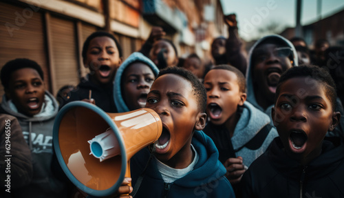 African American young boy shouting with a megaphone in a protest. Generative AI.