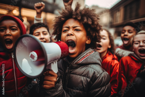 African American young boy shouting with a megaphone in a protest. Generative AI.