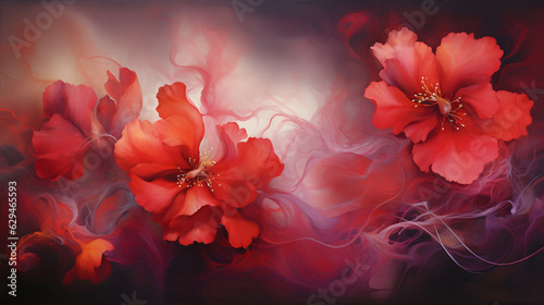 Twin Paintings of Red Flowers Amidst Smoke  Merging Realistic and Fantastical Elements with Elegance in Vibrant Dreamlike Hues of Orange and Magenta 