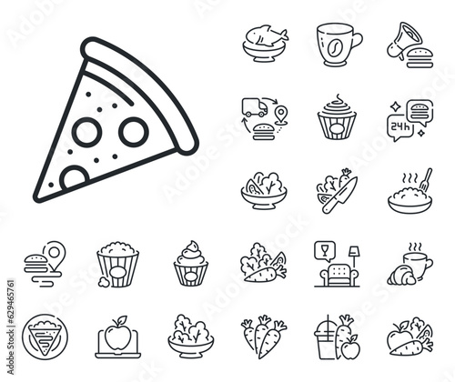 Pizzeria food sign. Crepe, sweet popcorn and salad outline icons. Pizza slice line icon. Fast food symbol. Pizza line sign. Pasta spaghetti, fresh juice icon. Supply chain. Vector