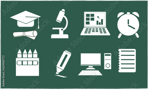 School supplies icon vector set. Back to school concept. Welcome back to school background. Learning and education concept. Flat vector in cartoon style isolated on green chalkboard background.