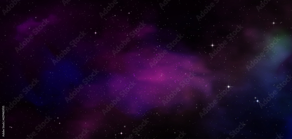 Space background with realistic nebula and shining stars. Colorful cosmos with stardust and milky way. Magic color galaxy. Infinite universe and starry night. Vector illustration.