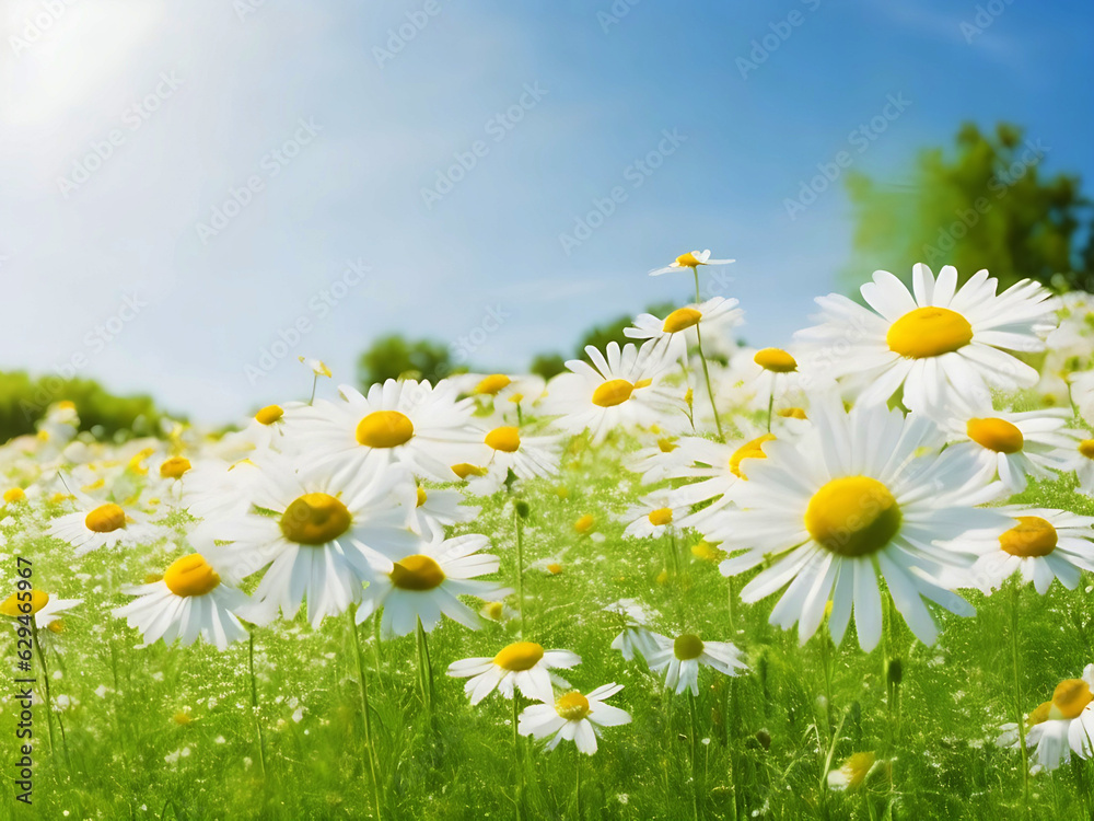 Chamomile flower field. Camomile in nature. Field of daisies on a sunny day in nature. daisy flowers on a summer day. Chamomile floral closeup field background in sunlight. Generative Ai. Stock Photo 
