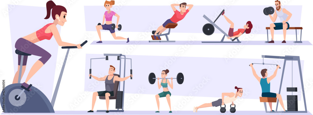Fitness people. Sport characters making activity in fitness gym exact vector cartoon illustrations set