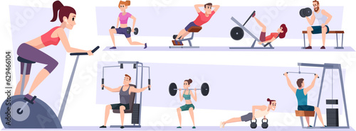 Fitness people. Sport characters making activity in fitness gym exact vector cartoon illustrations set
