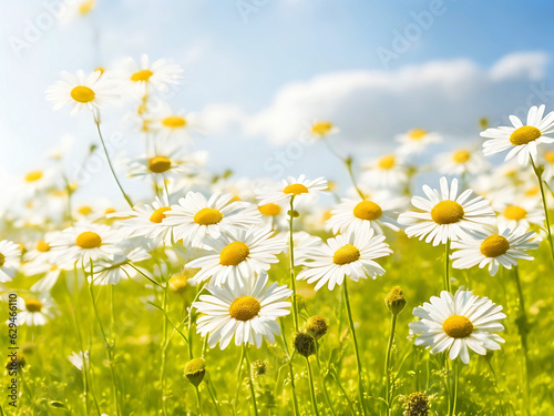 Chamomile flower field. Camomile in nature. Field of daisies on a sunny day in nature. daisy flowers on a summer day. Chamomile floral closeup field background in sunlight. Generative Ai. Stock Photo 