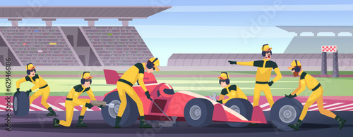 Race car mechanics. Sport racing bolide exact vector mechanic crew working at pit stop